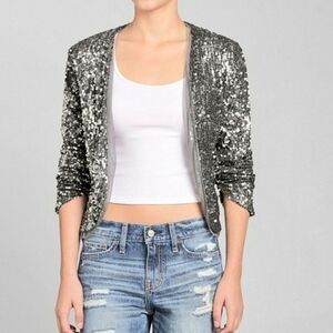 Abercrombie & Fitch Silver Sequin Jacket Cardigan Sz Large